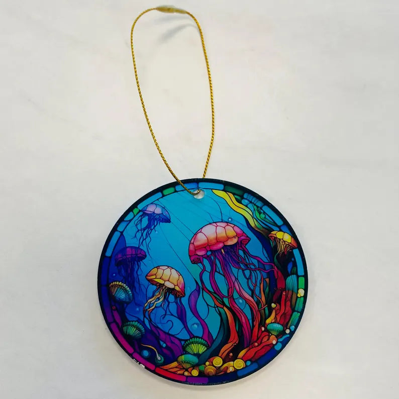 Jellyfish Faux Stained Glass Ornament – Vibrant Ocean Art Keepsake