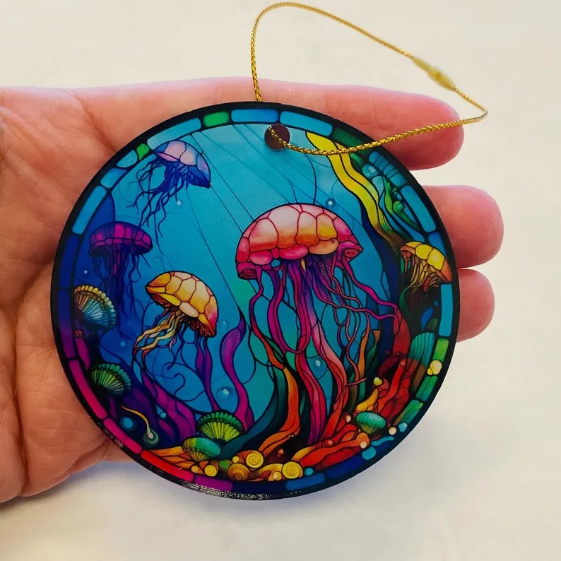Jellyfish Faux Stained Glass Ornament – Vibrant Ocean Art Keepsake