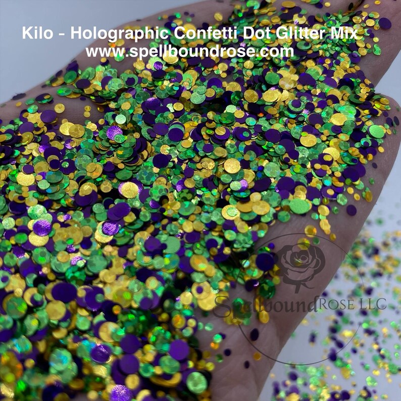 Kilo Glitter – Purple/Green/Gold Holographic Confetti Dot Mix Glitter (2 oz) *LOW STOCK*