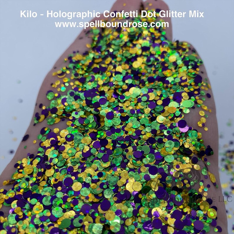 Kilo Glitter – Purple/Green/Gold Holographic Confetti Dot Mix Glitter (2 oz) *LOW STOCK*