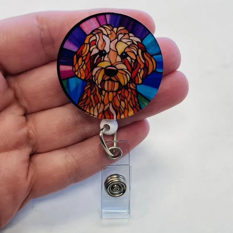 Labradoodle Faux Stained Glass Badge Reel – Colorful Dog Lover ID Holder