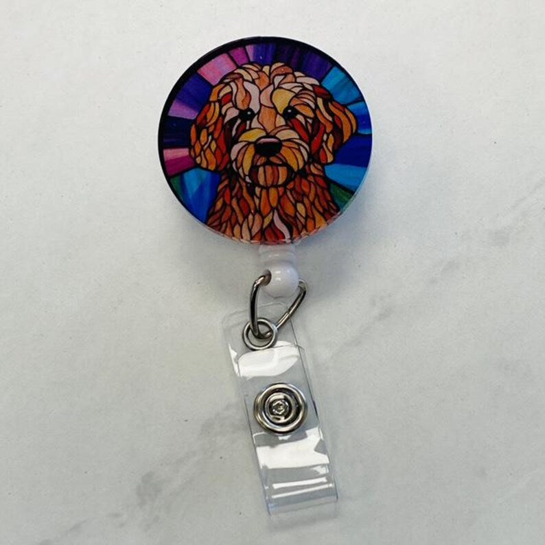 Labradoodle Faux Stained Glass Badge Reel – Colorful Dog Lover ID Holder