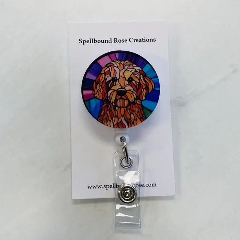 Labradoodle Faux Stained Glass Badge Reel – Colorful Dog Lover ID Holder