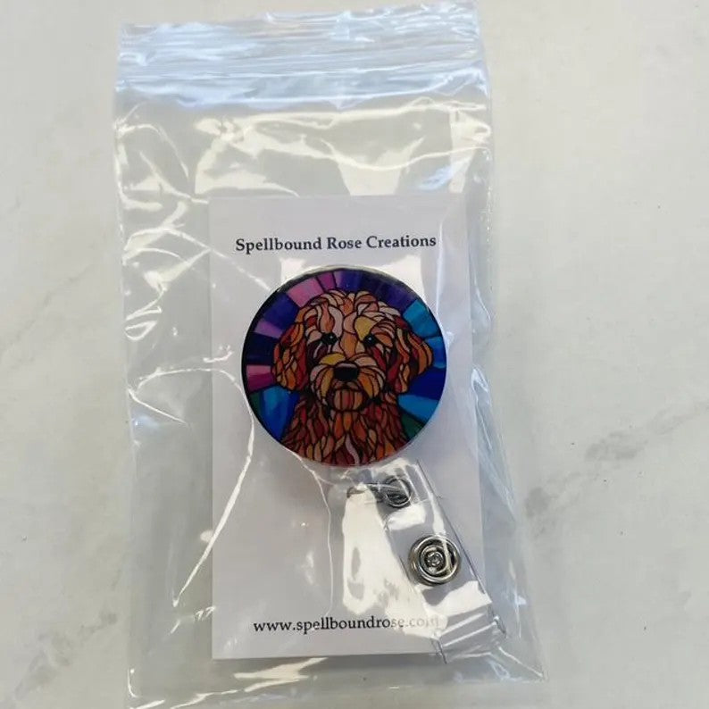 Labradoodle Faux Stained Glass Badge Reel – Colorful Dog Lover ID Holder