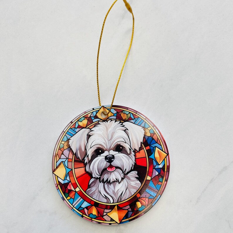 Maltese Faux Stained Glass Ornament – Vibrant Dog Lover Keepsake