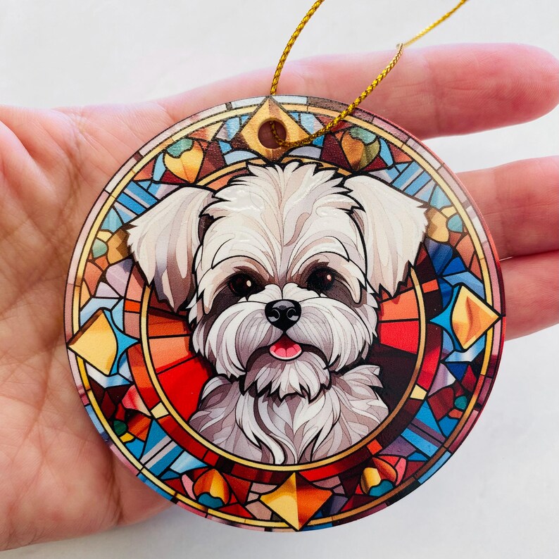 Maltese Faux Stained Glass Ornament – Vibrant Dog Lover Keepsake