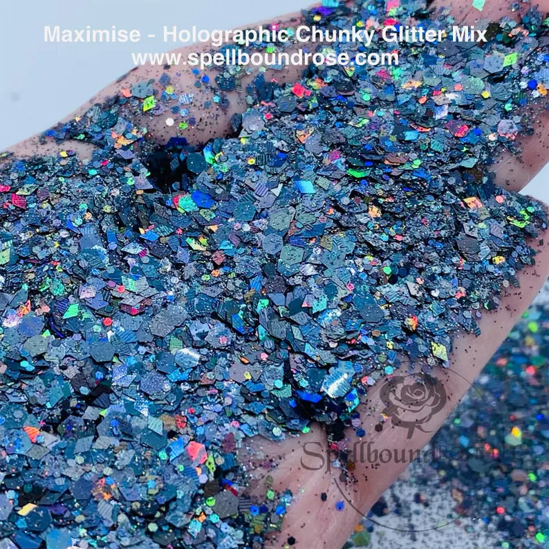 Maximise Glitter – Steel Grey Holographic Chunky Mix Glitter (2 oz)