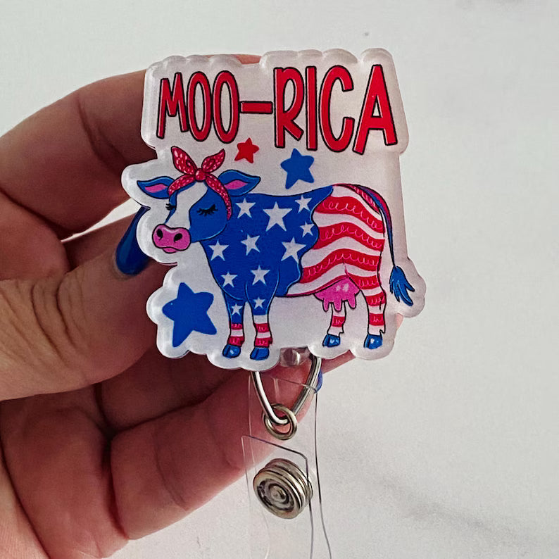 MOO-RICA Patriotic Cow Badge Reel – Funny Farmhouse Patriotic ID Holder