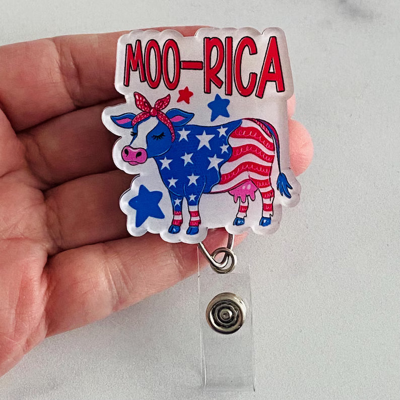 MOO-RICA Patriotic Cow Badge Reel – Funny Farmhouse Patriotic ID Holder