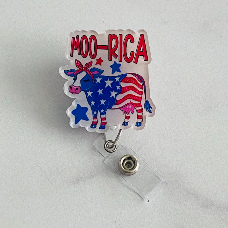MOO-RICA Patriotic Cow Badge Reel – Funny Farmhouse Patriotic ID Holder