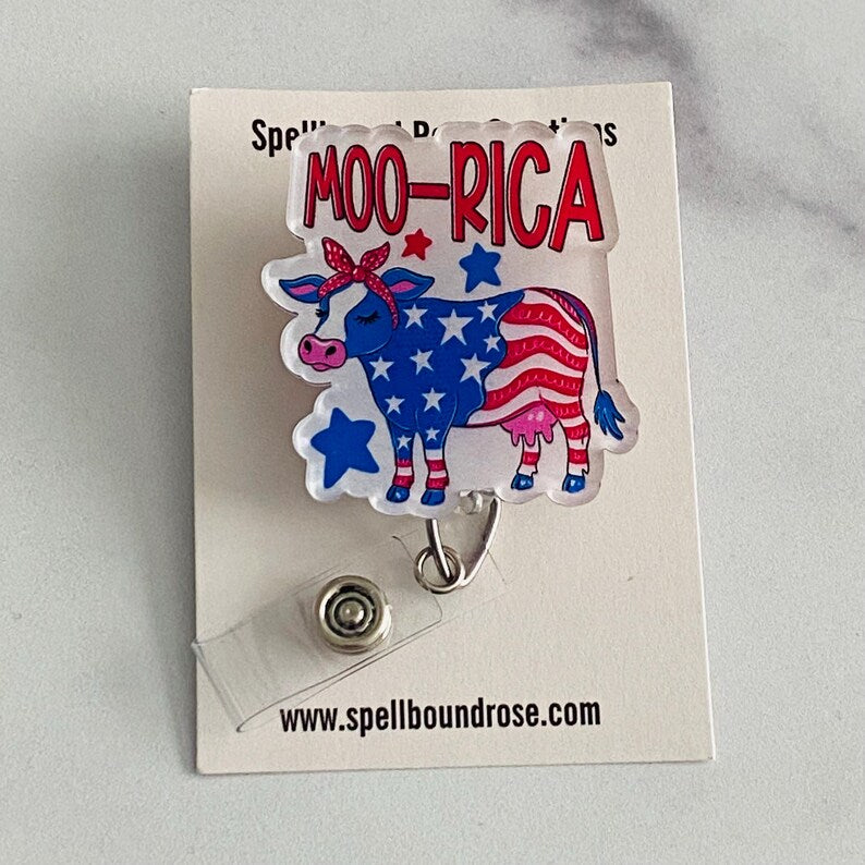 MOO-RICA Patriotic Cow Badge Reel – Funny Farmhouse Patriotic ID Holder