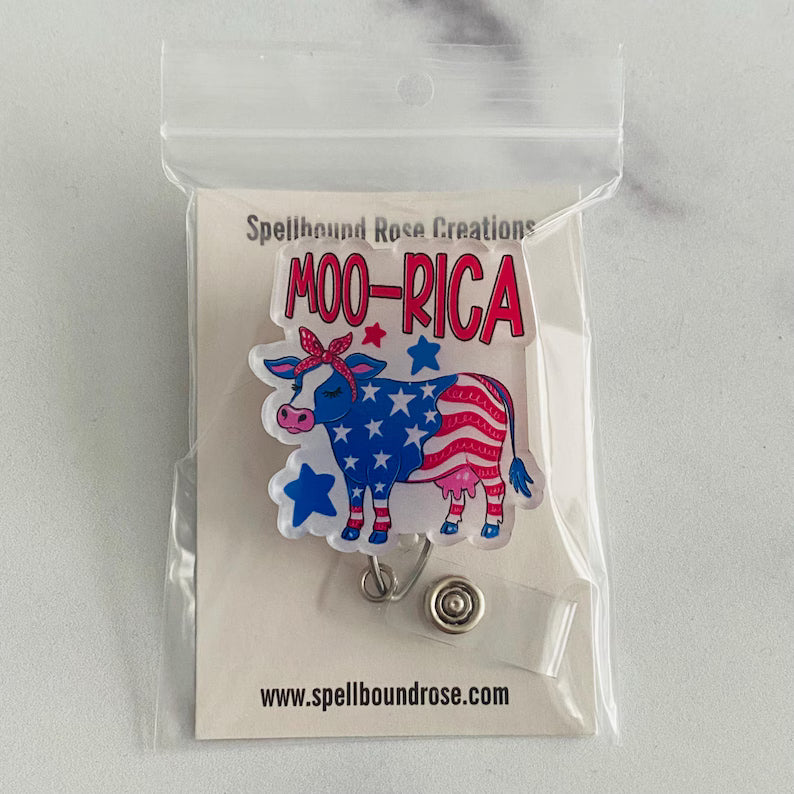 MOO-RICA Patriotic Cow Badge Reel – Funny Farmhouse Patriotic ID Holder