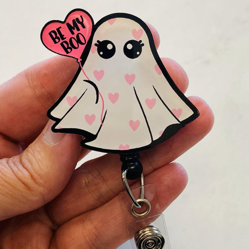 “Be My Boo” Ghost Badge Reel – Cute Valentine/Halloween ID Holder