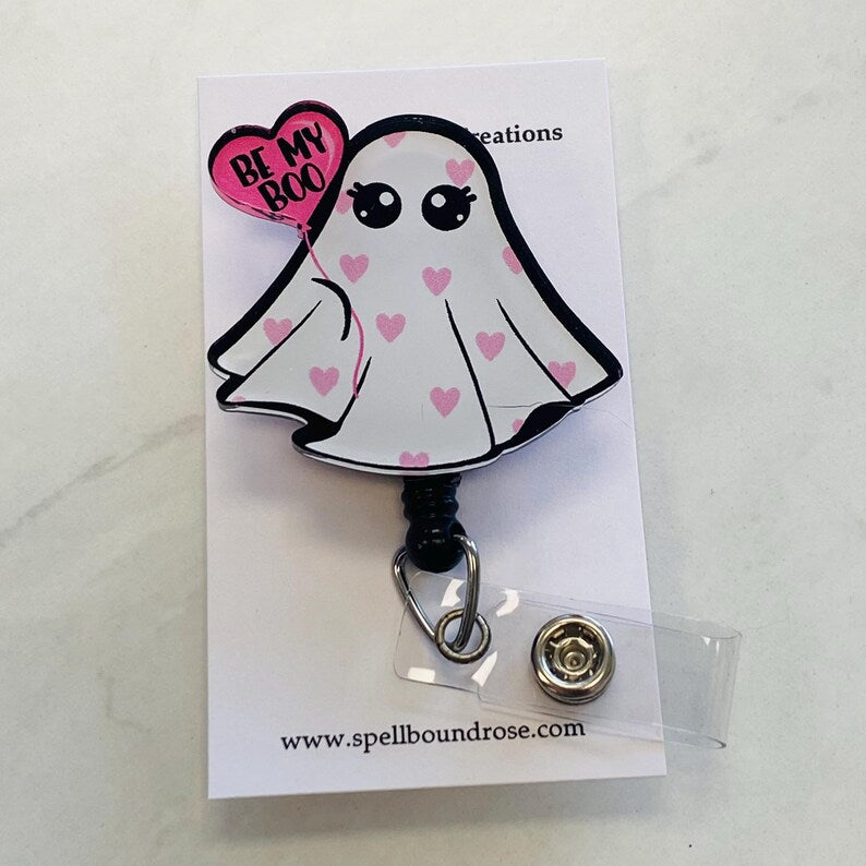 “Be My Boo” Ghost Badge Reel – Cute Valentine/Halloween ID Holder