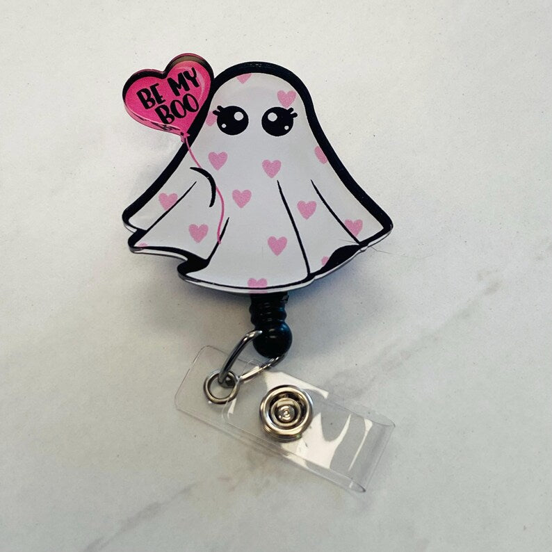 “Be My Boo” Ghost Badge Reel – Cute Valentine/Halloween ID Holder