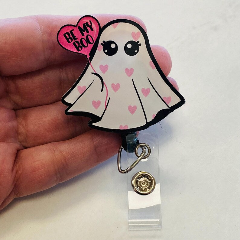 “Be My Boo” Ghost Badge Reel – Cute Valentine/Halloween ID Holder
