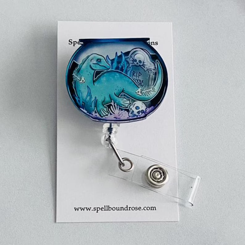Loch Ness Monster in a Fishbowl Badge Reel – Cute Cryptid Retractable ID Holder