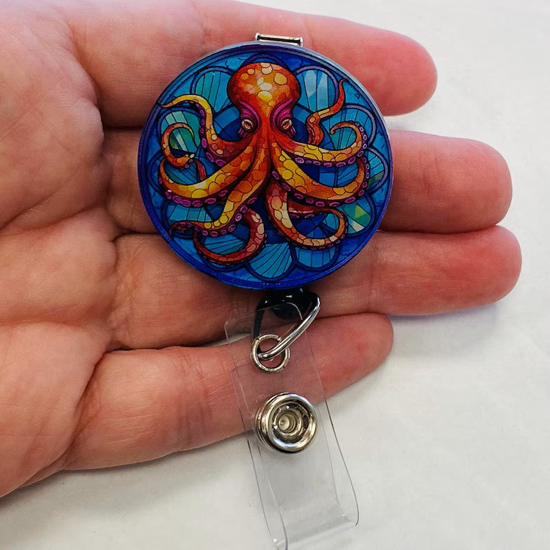 Octopus Faux Stained Glass Badge Reel – Ocean-Themed ID Holder