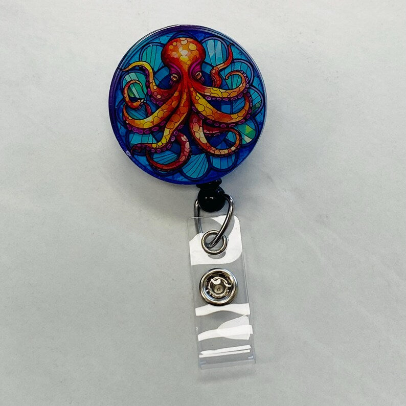 Octopus Faux Stained Glass Badge Reel – Ocean-Themed ID Holder