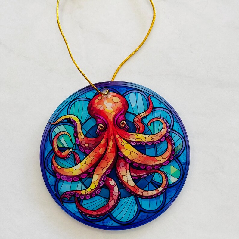 Octopus Faux Stained Glass Ornament – Vibrant Ocean Art Keepsake
