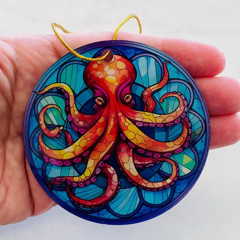 Octopus Faux Stained Glass Ornament – Vibrant Ocean Art Keepsake