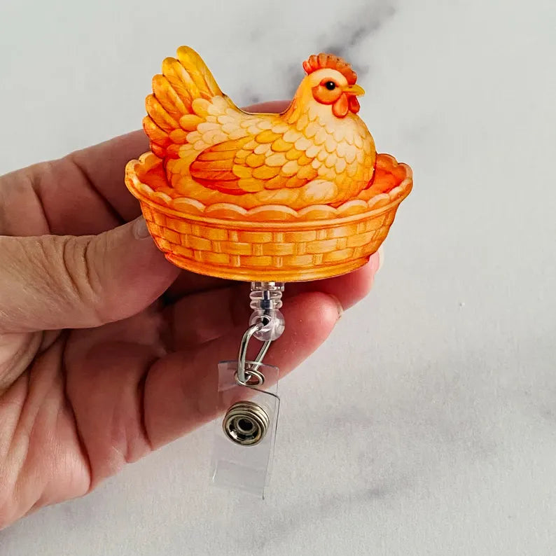 Orange Hen on Nest Badge Reel – Warm Farmhouse Style ID Holder