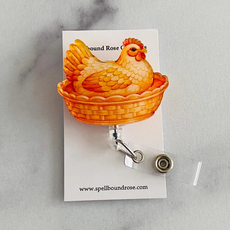 Orange Hen on Nest Badge Reel – Warm Farmhouse Style ID Holder