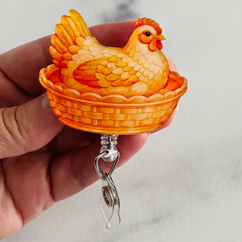Orange Hen on Nest Badge Reel – Warm Farmhouse Style ID Holder