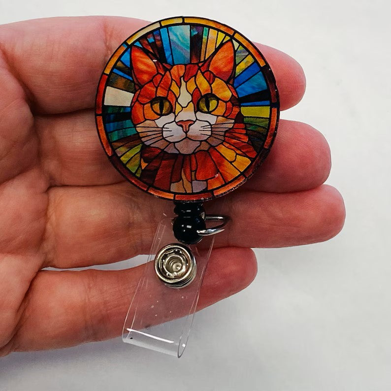 Orange Tabby Cat Badge Reel – Faux Stained Glass, Colorful Cat Lover ID Holder