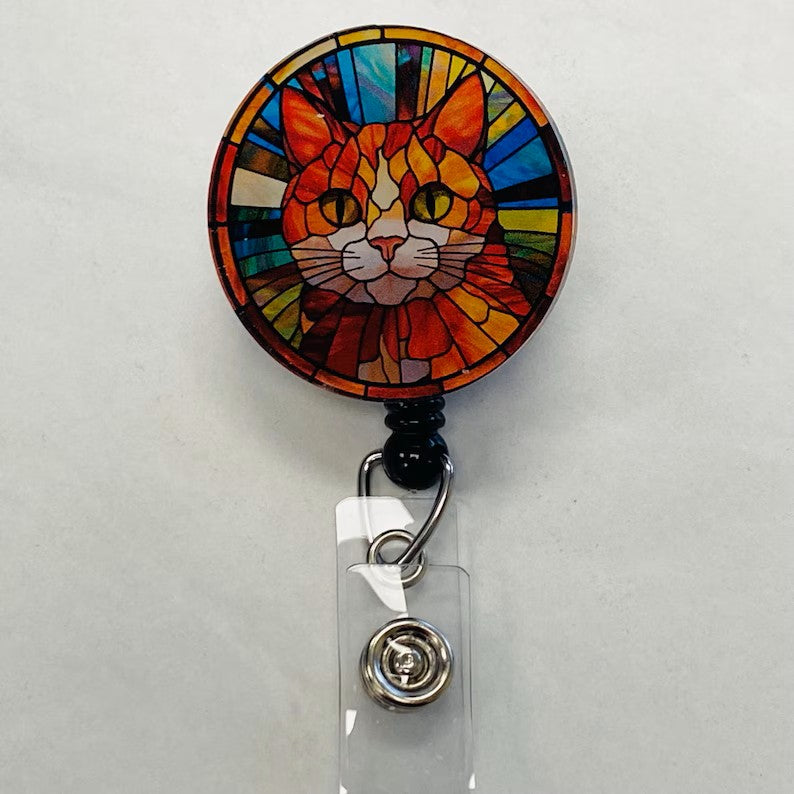 Orange Tabby Cat Badge Reel – Faux Stained Glass, Colorful Cat Lover ID Holder