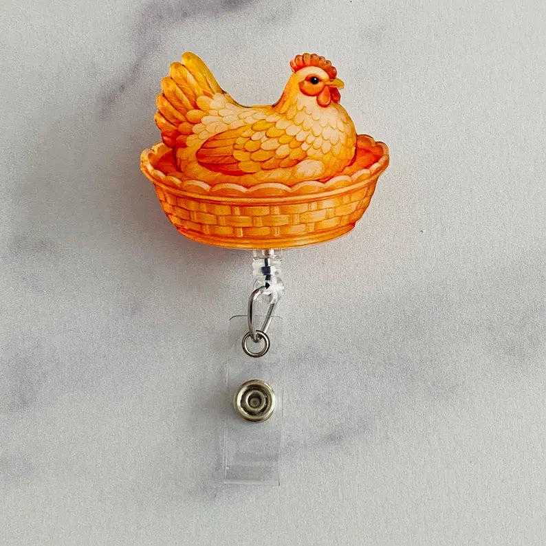 Orange Hen on Nest Badge Reel – Warm Farmhouse Style ID Holder