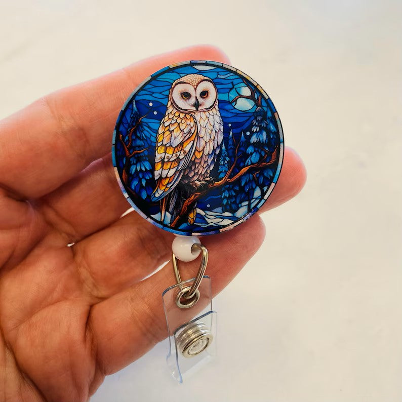 Owl Faux Stained Glass Badge Reel – Night Sky Bird ID Holder