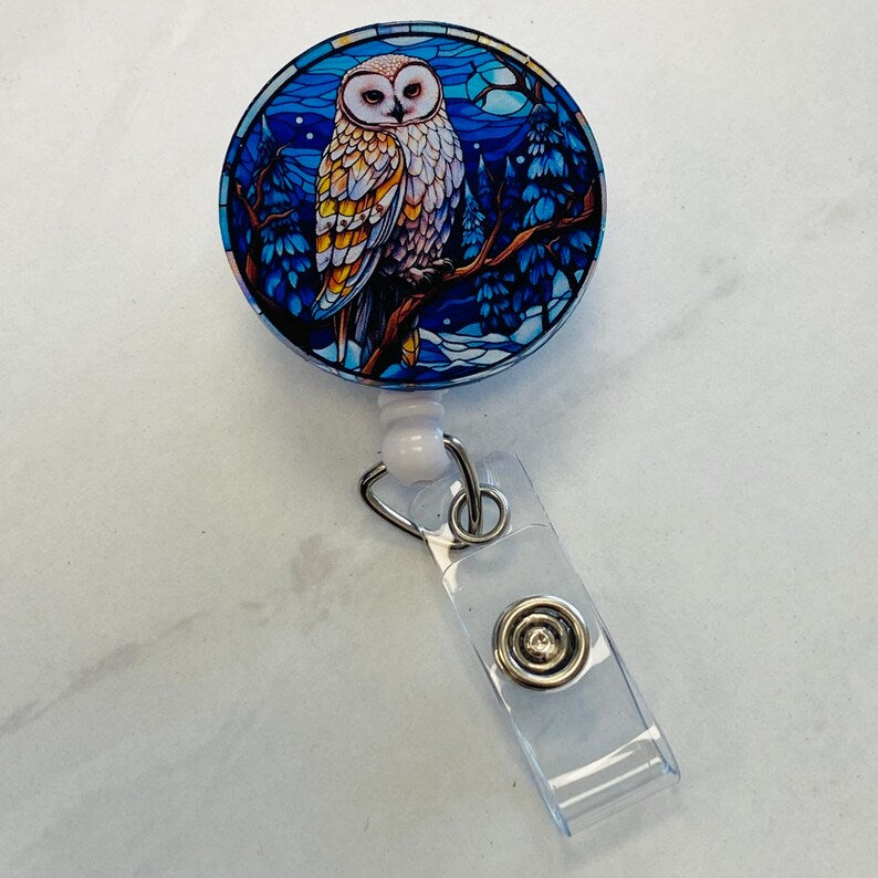 Owl Faux Stained Glass Badge Reel – Night Sky Bird ID Holder