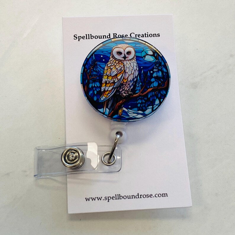 Owl Faux Stained Glass Badge Reel – Night Sky Bird ID Holder