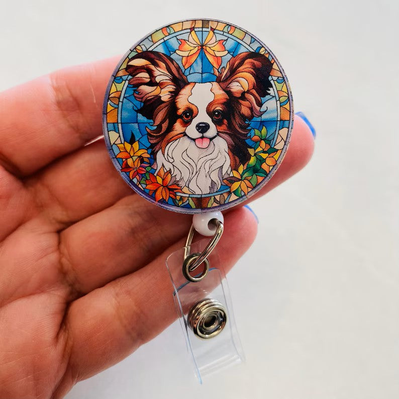Papillon Faux Stained Glass Badge Reel – Colorful Dog Lover ID Holder