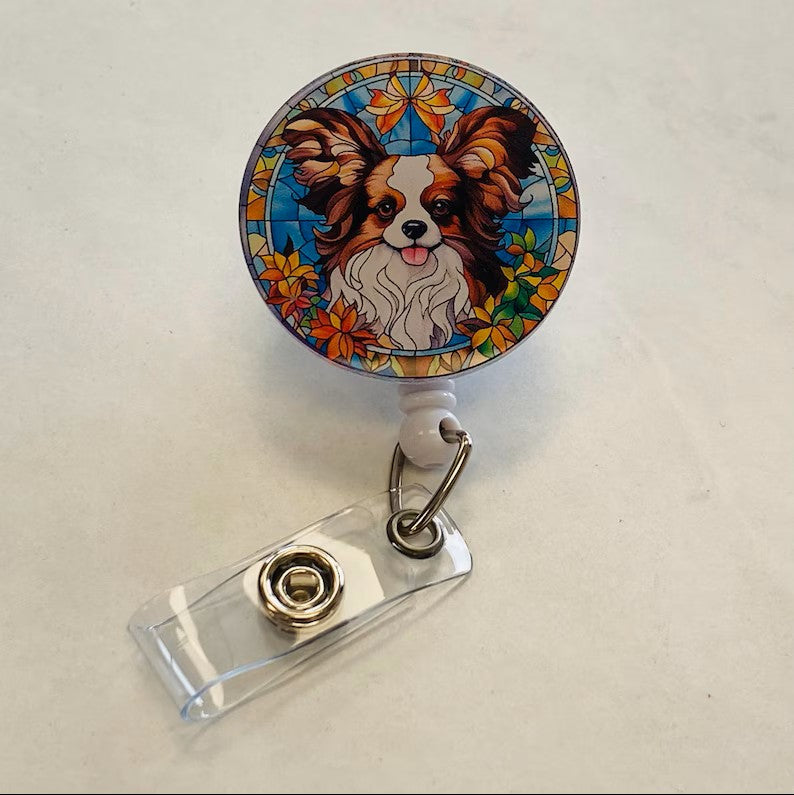 Papillon Faux Stained Glass Badge Reel – Colorful Dog Lover ID Holder