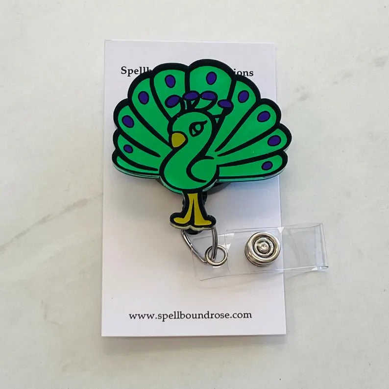 Peacock Badge Reel – Bright & Playful Bird ID Holder