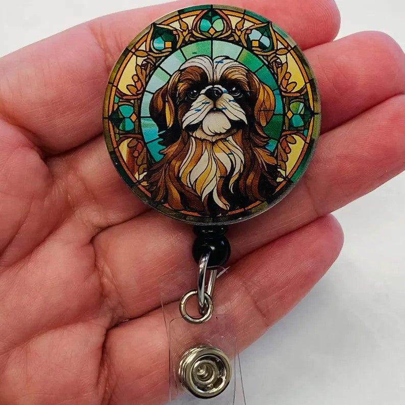 Pekingese Faux Stained Glass Badge Reel – Elegant Dog Lover ID Holder