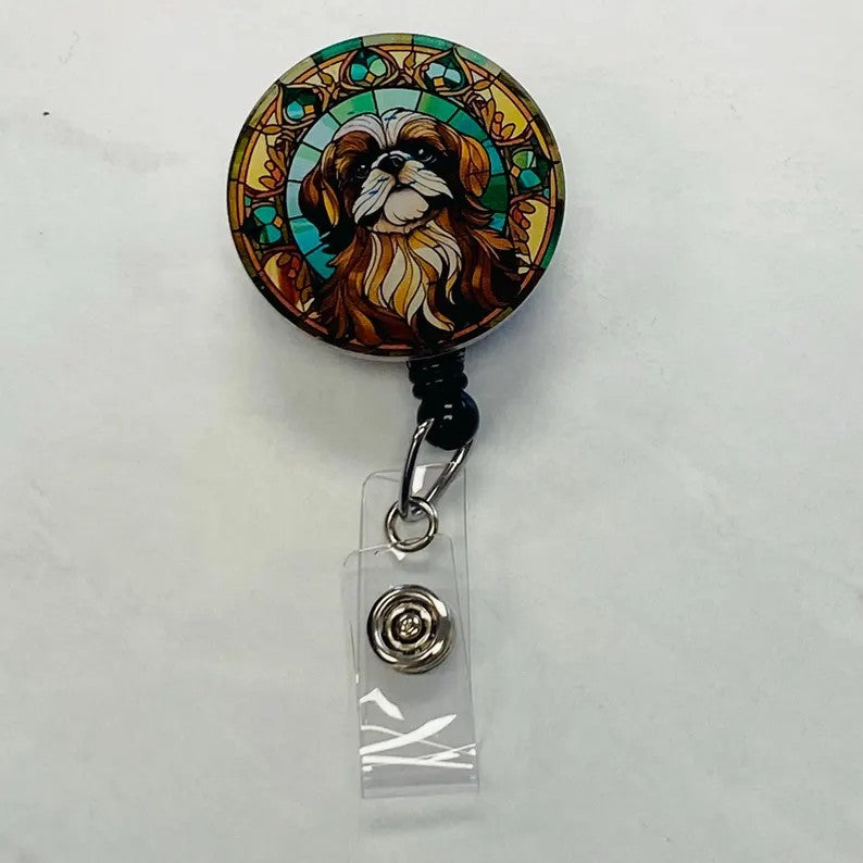 Pekingese Faux Stained Glass Badge Reel – Elegant Dog Lover ID Holder