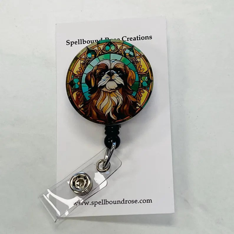 Pekingese Faux Stained Glass Badge Reel – Elegant Dog Lover ID Holder