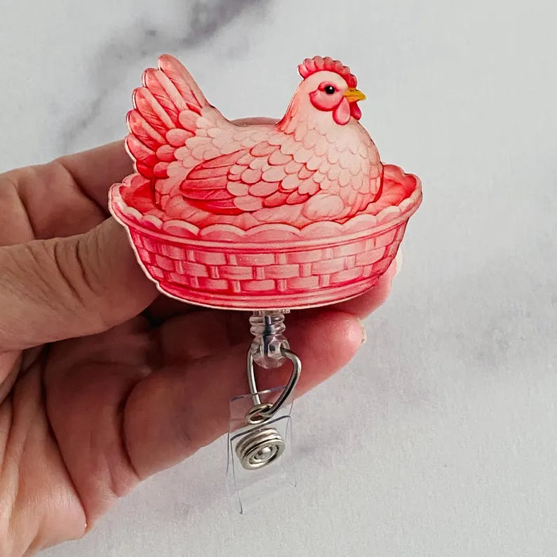 Pink Hen on Nest Badge Reel – Soft Farmhouse Chic ID Holder