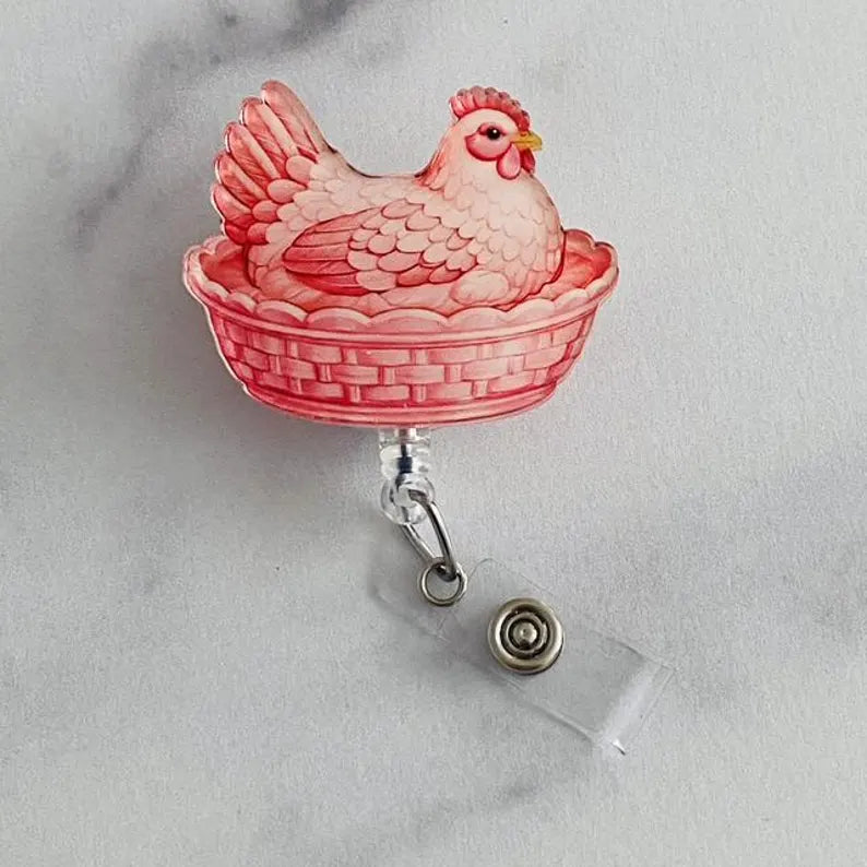 Pink Hen on Nest Badge Reel – Soft Farmhouse Chic ID Holder
