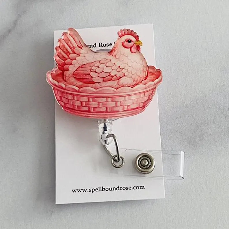 Pink Hen on Nest Badge Reel – Soft Farmhouse Chic ID Holder