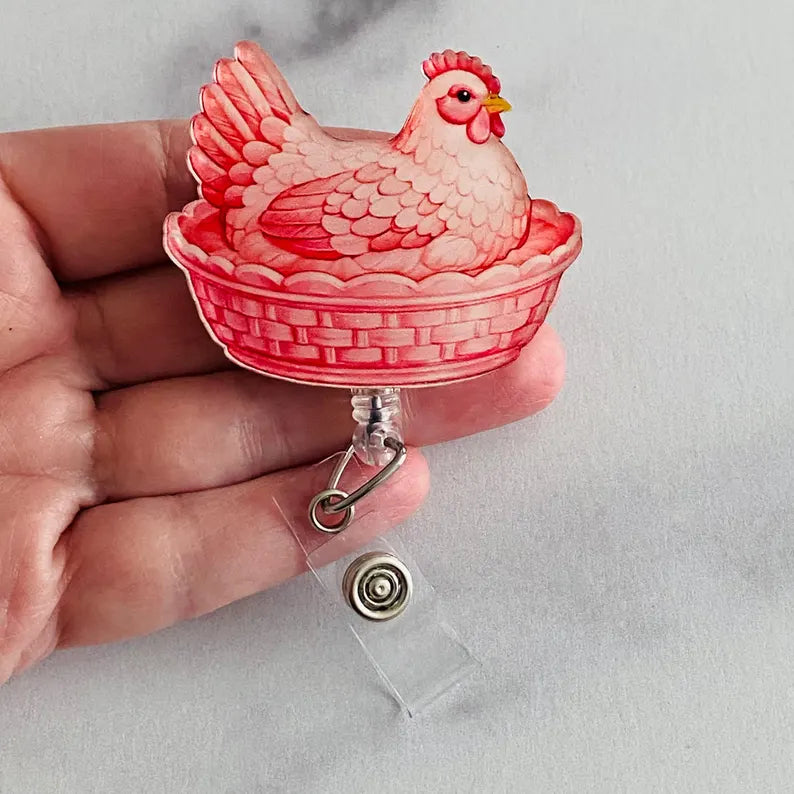 Pink Hen on Nest Badge Reel – Soft Farmhouse Chic ID Holder