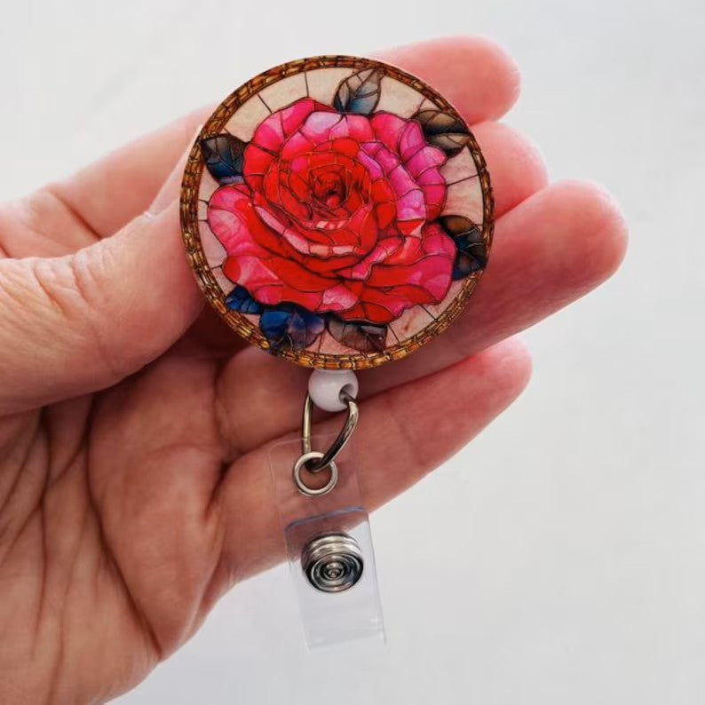 Rose Faux Stained Glass Badge Reel – Floral ID Holder