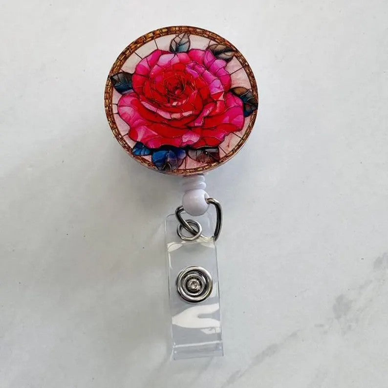 Rose Faux Stained Glass Badge Reel – Floral ID Holder