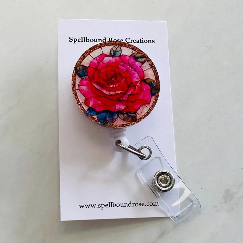 Rose Faux Stained Glass Badge Reel – Floral ID Holder