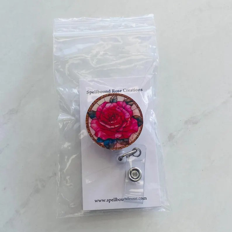 Rose Faux Stained Glass Badge Reel – Floral ID Holder
