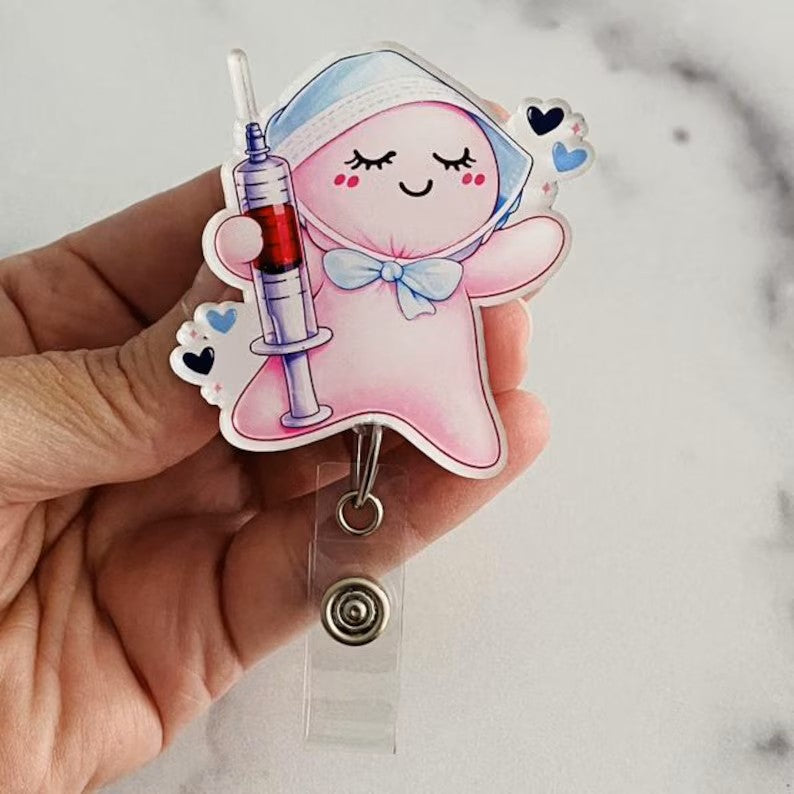Cute Nurse Pink Glove Doll Syringe Badge Reel | Syringe Medical ID Holder