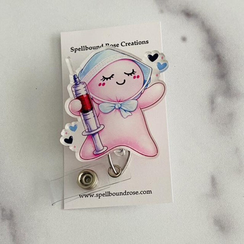 Cute Nurse Pink Glove Doll Syringe Badge Reel | Syringe Medical ID Holder